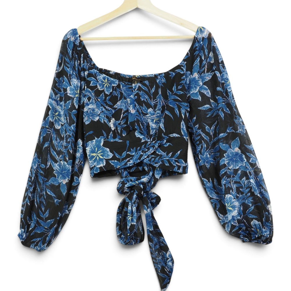 Blue Floral Crop Top L Tie Front Balloon Sleeve Cottagecore Boho Japna Romantic